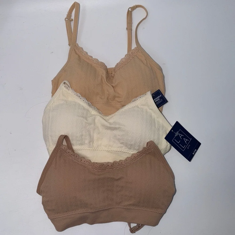 LALA Girls Size M 7/8 3-Pack Seamless Lace Trim Bralettes Neutral Nude Basics